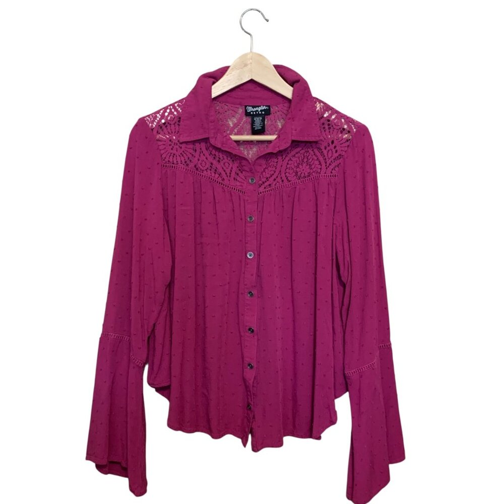 Wrangler‎ Retro Women’s Top Fuchsia Button-Down Boho Long Sleeves Crochet Yoke